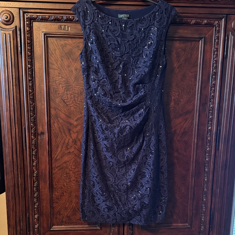 Lauren Ralph Lauren Navy Blue Lace Sequin Midi Dress
